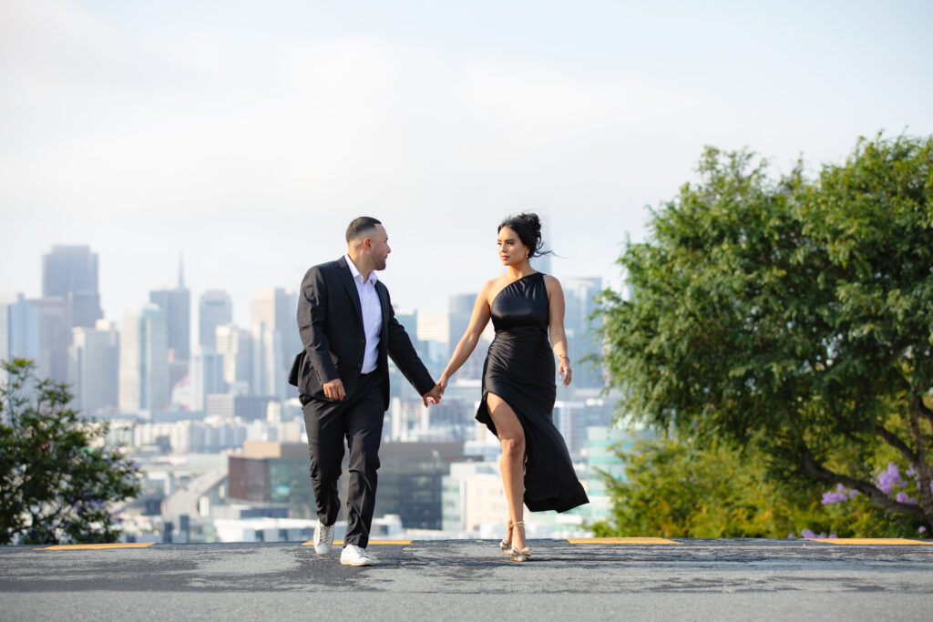 Engaged couple walking in San Francisco.