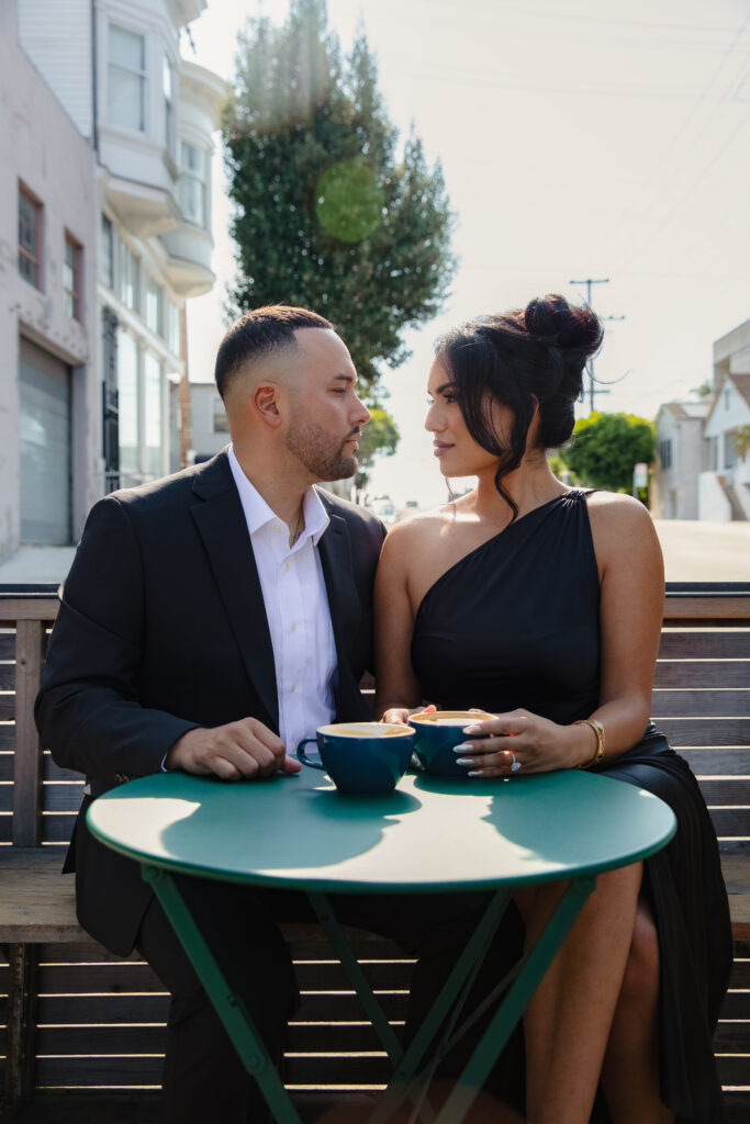 San Francisco engagement photo at a coffee shop.